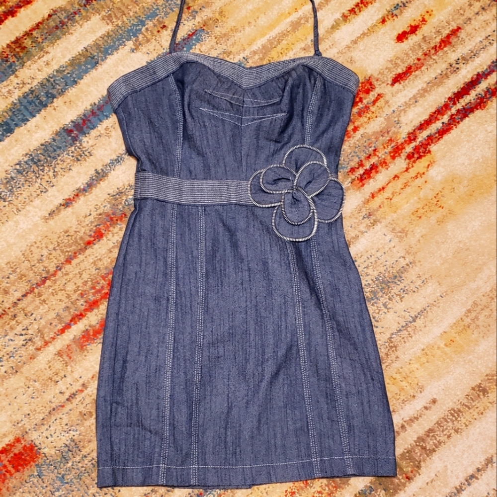 Womens Grass Collections Denim Jean Floral Halter Size 3 Dress